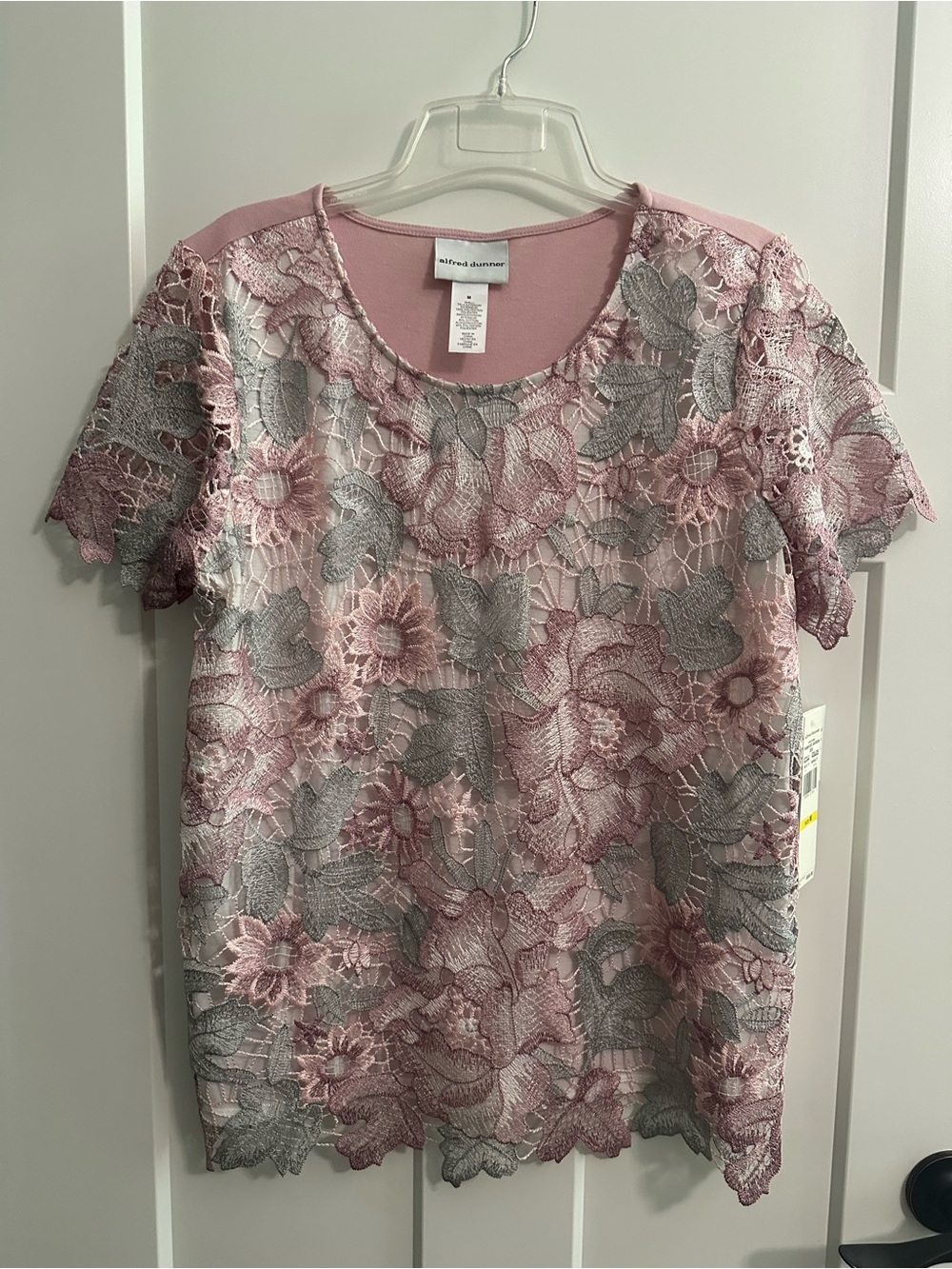Alfred Dunner Pink & Gray Floral Lace Overlay Short Sleeve Top
